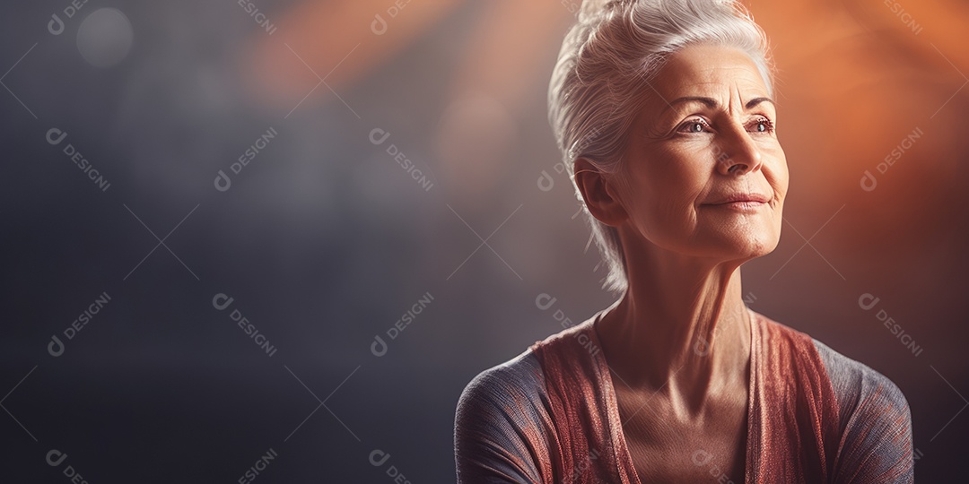 Uma mulher elegante mais velha, madura e amigável meditando e fazendo ioga com comportamento calmo e sereno