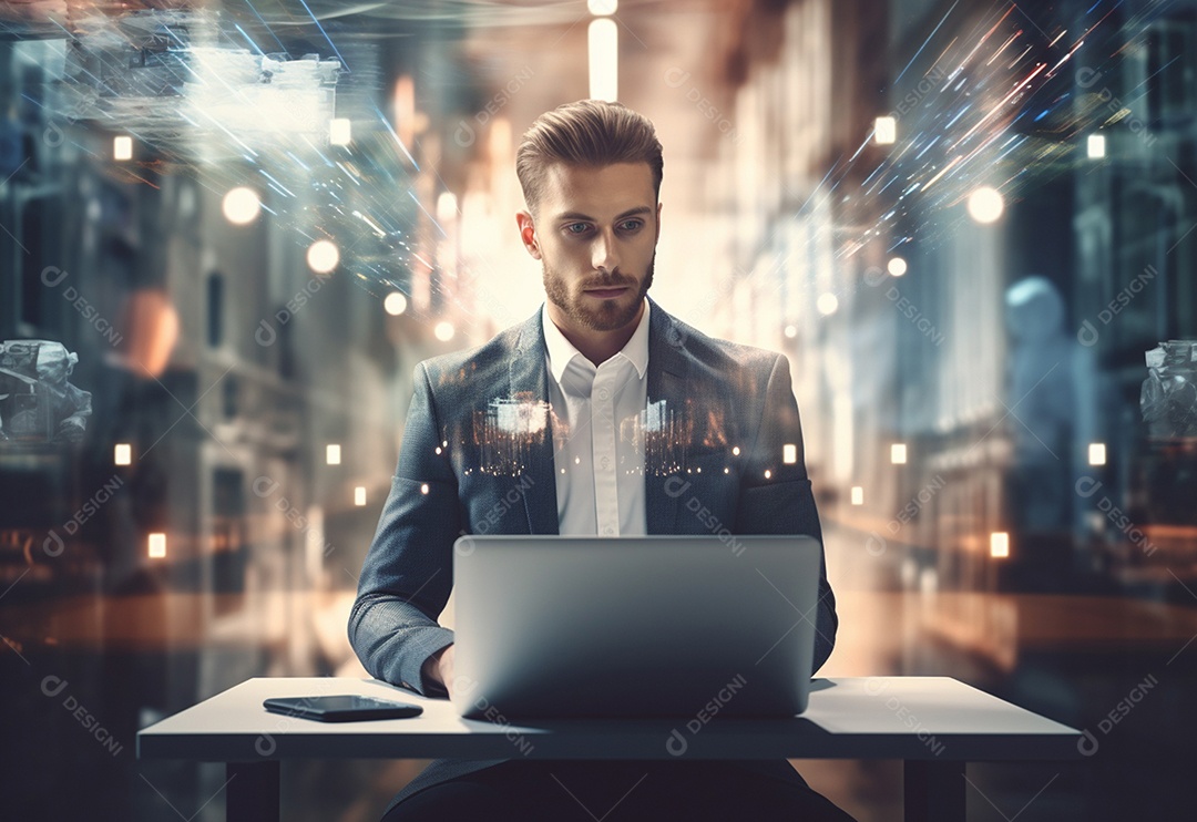 Imagem realista de homem empresário sobre um escritório mexendo em seu computador