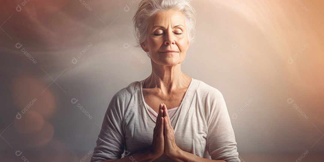 Uma mulher elegante mais velha, madura e amigável meditando e fazendo ioga com comportamento calmo e sereno