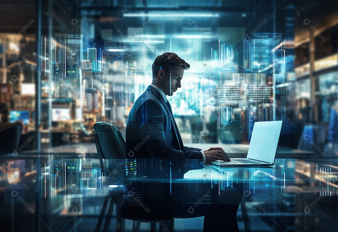 Imagem realista de homem empresário sobre um escritório mexendo em seu computador