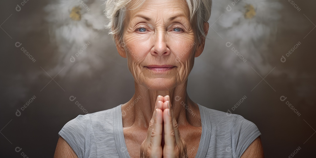 Uma mulher elegante mais velha, madura e amigável meditando e fazendo ioga com comportamento calmo e sereno