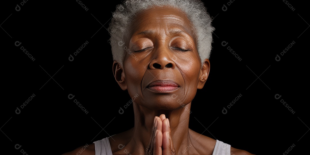 Uma mulher elegante mais velha, madura e amigável meditando e fazendo ioga com comportamento calmo e sereno