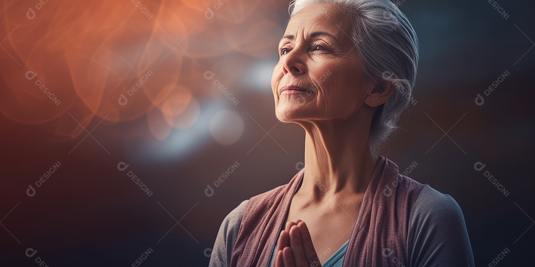 Uma mulher elegante mais velha, madura e amigável meditando e fazendo ioga com comportamento calmo e sereno