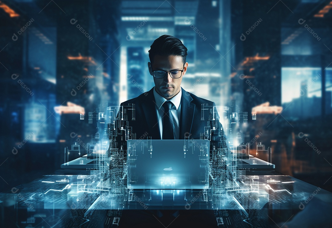 Imagem realista de homem empresário sobre um escritório mexendo em seu computador