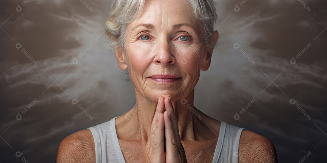 Uma mulher elegante mais velha, madura e amigável meditando e fazendo ioga com comportamento calmo e sereno