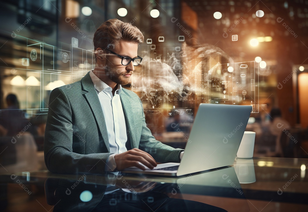 Imagem realista de homem empresário sobre um escritório mexendo em seu computador