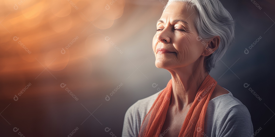 Uma mulher elegante mais velha, madura e amigável meditando e fazendo ioga com comportamento calmo e sereno