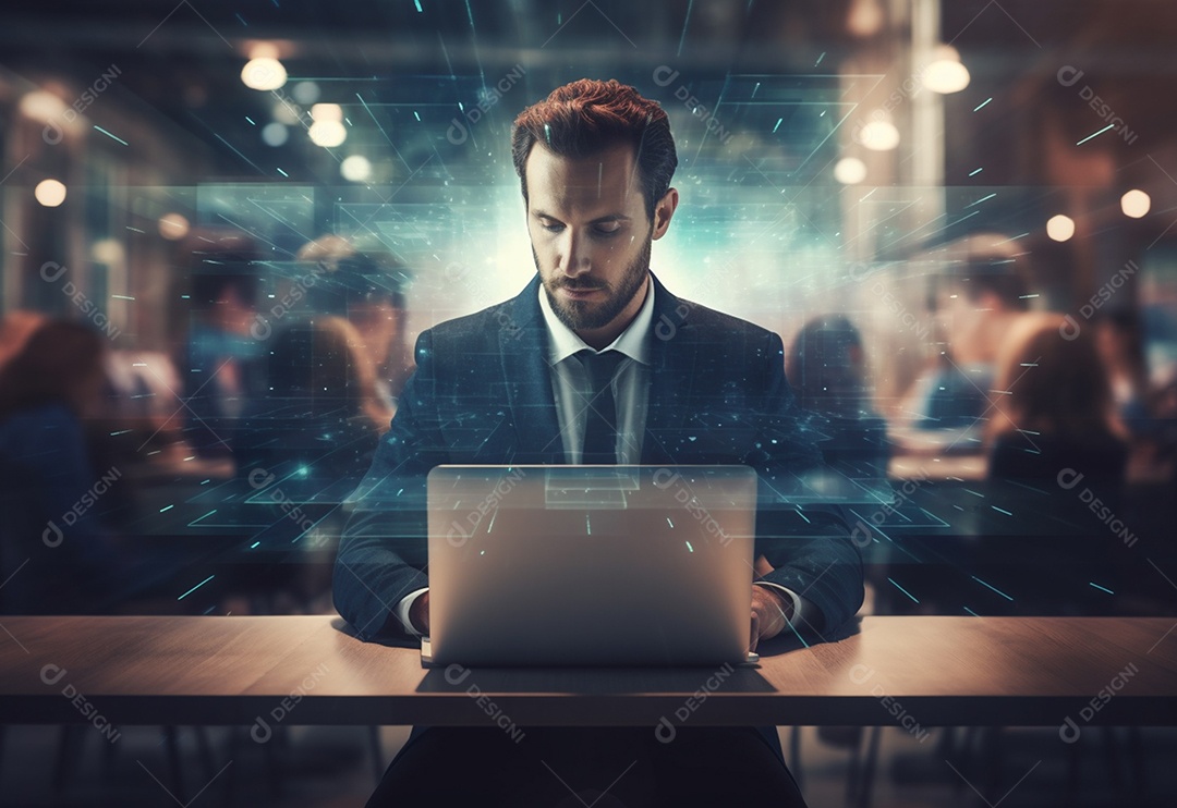 Imagem realista de homem empresário sobre um escritório mexendo em seu computador