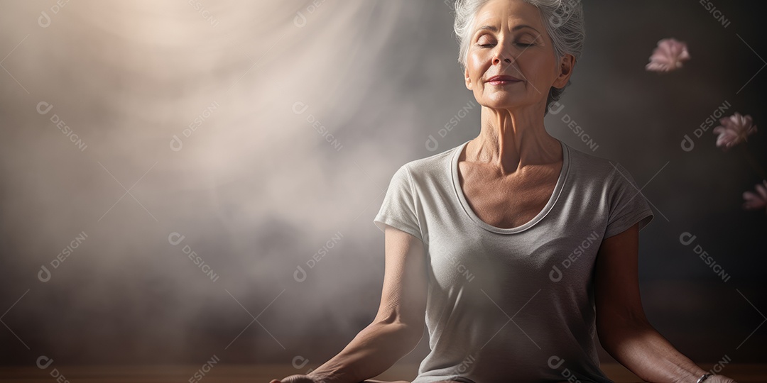 Uma mulher elegante mais velha, madura e amigável meditando e fazendo ioga com comportamento calmo e sereno