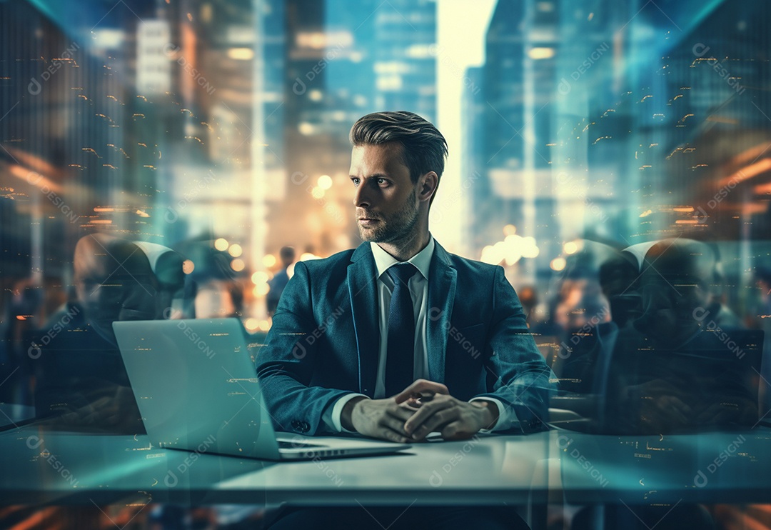 Imagem realista de homem empresário sobre um escritório mexendo em seu computador