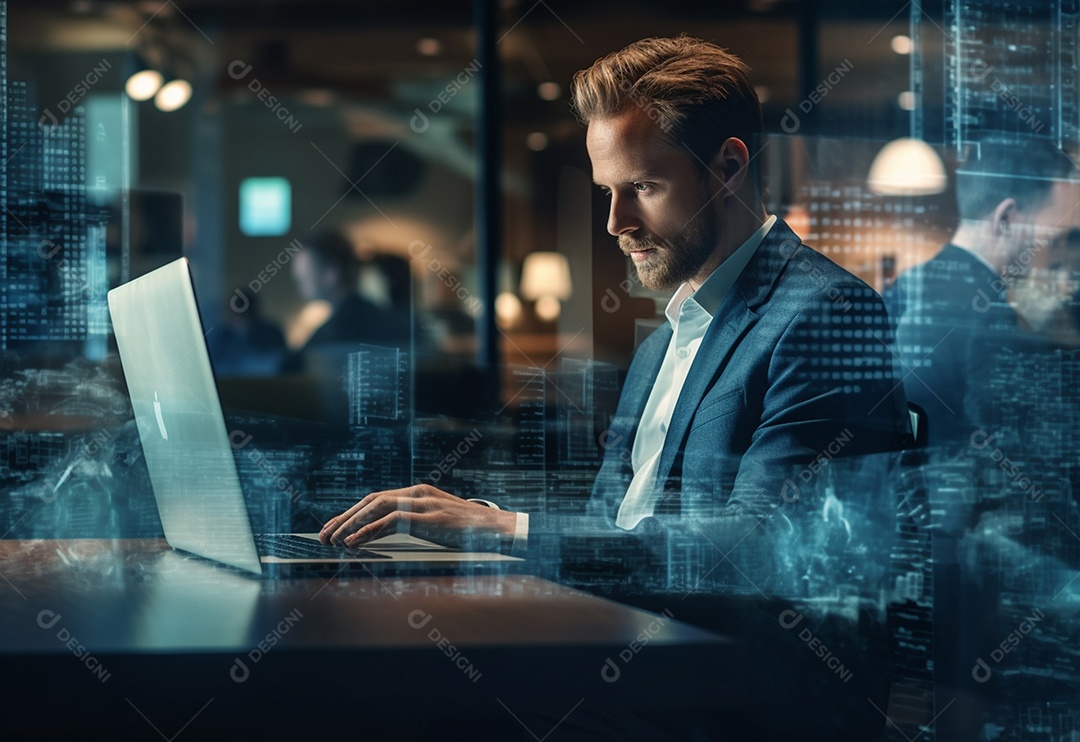 Imagem realista de homem empresário sobre um escritório mexendo em seu computador