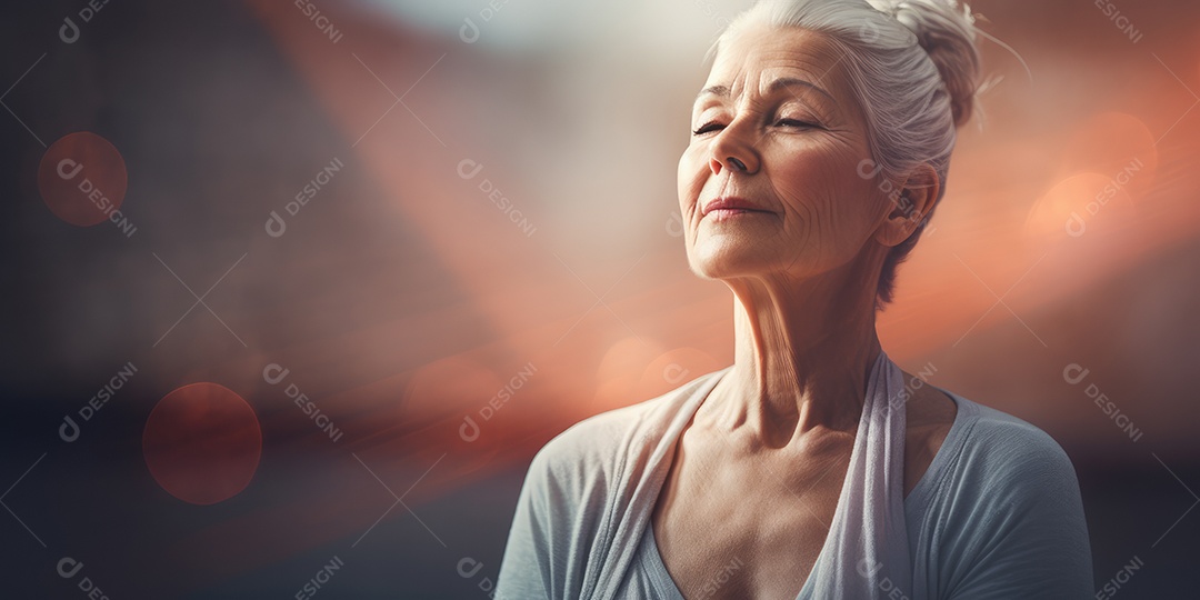 Uma mulher elegante mais velha, madura e amigável meditando e fazendo ioga com comportamento calmo e sereno