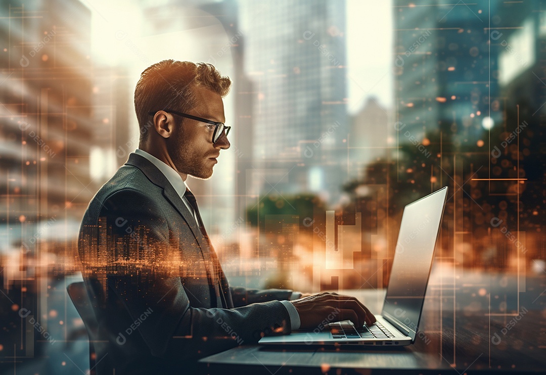 Imagem realista de homem empresário sobre um escritório mexendo em seu computador