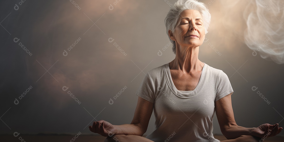 Uma mulher elegante mais velha, madura e amigável meditando e fazendo ioga com comportamento calmo e sereno