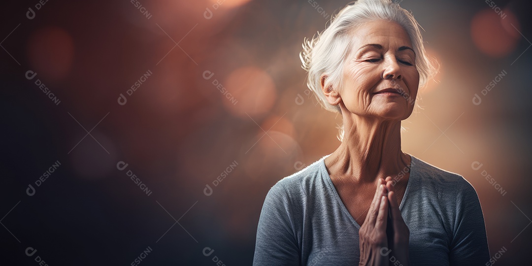 Uma mulher elegante mais velha, madura e amigável meditando e fazendo ioga com comportamento calmo e sereno