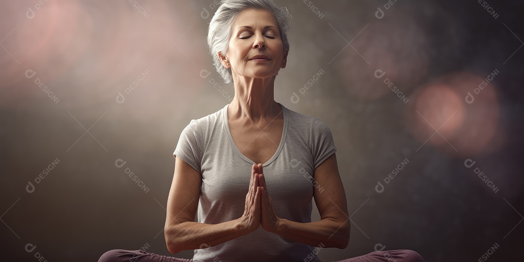 Uma mulher elegante mais velha, madura e amigável meditando e fazendo ioga com comportamento calmo e sereno