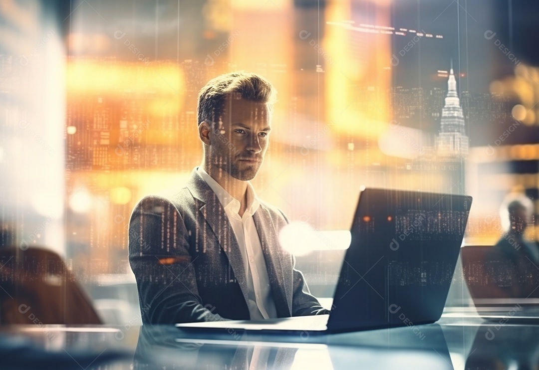 Imagem realista de homem empresário sobre um escritório mexendo em seu computador