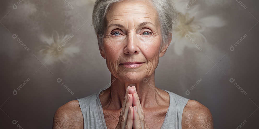 Uma mulher elegante mais velha, madura e amigável meditando e fazendo ioga com comportamento calmo e sereno