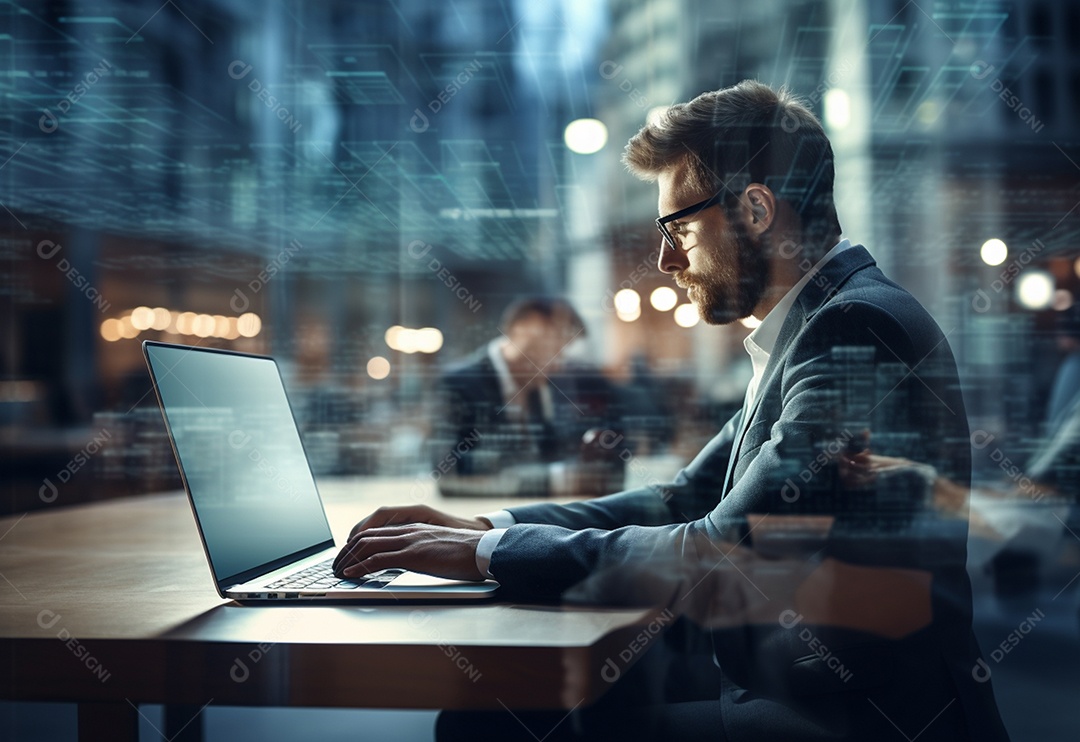 Imagem realista de homem empresário sobre um escritório mexendo em seu computador