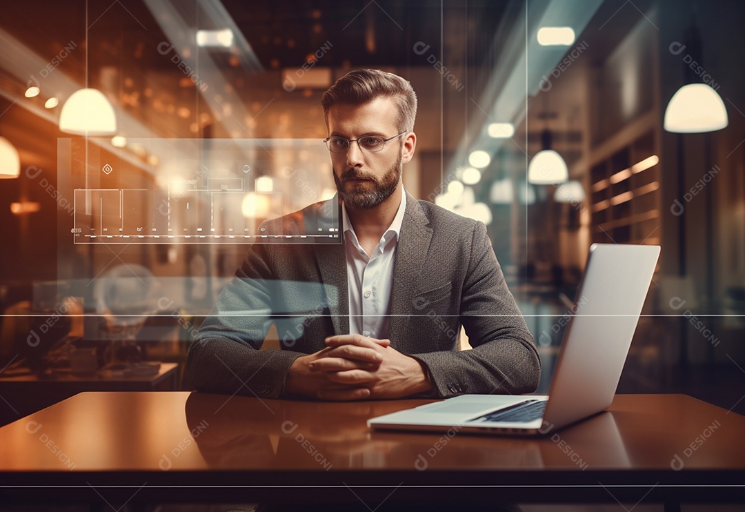 Imagem realista de homem empresário sobre um escritório mexendo em seu computador