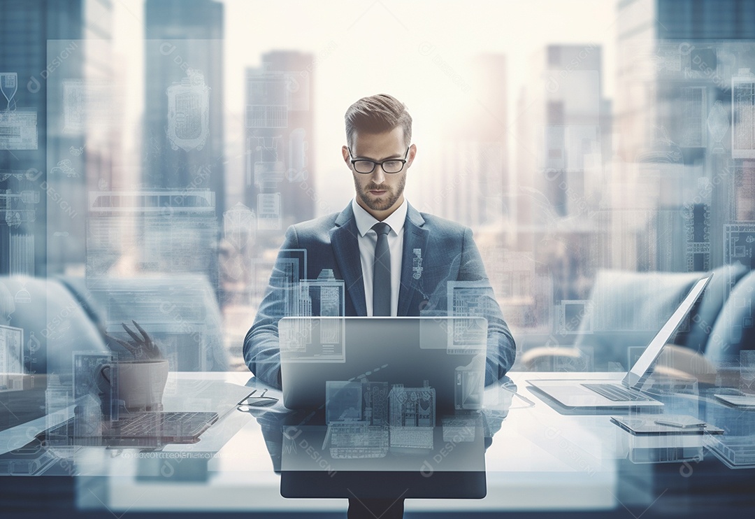 Imagem realista de homem empresário sobre um escritório mexendo em seu computador