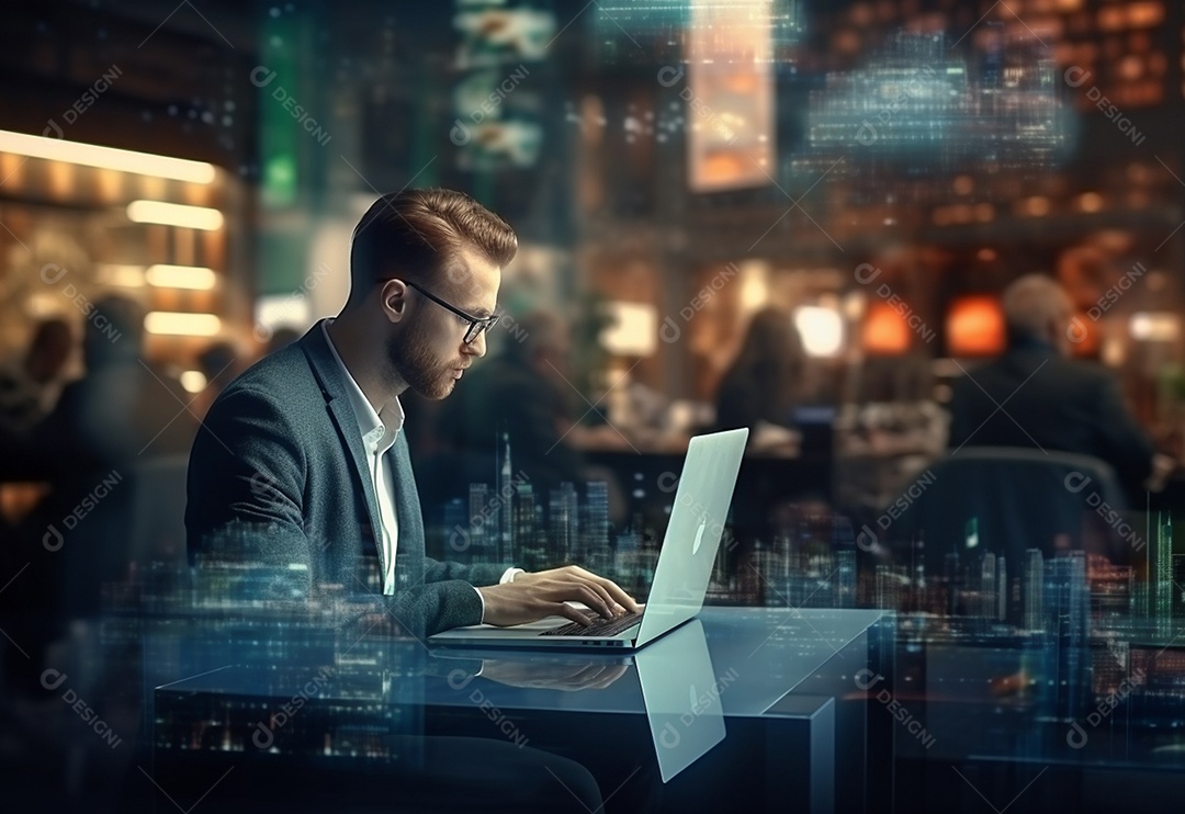 Imagem realista de homem empresário sobre um escritório mexendo em seu computador