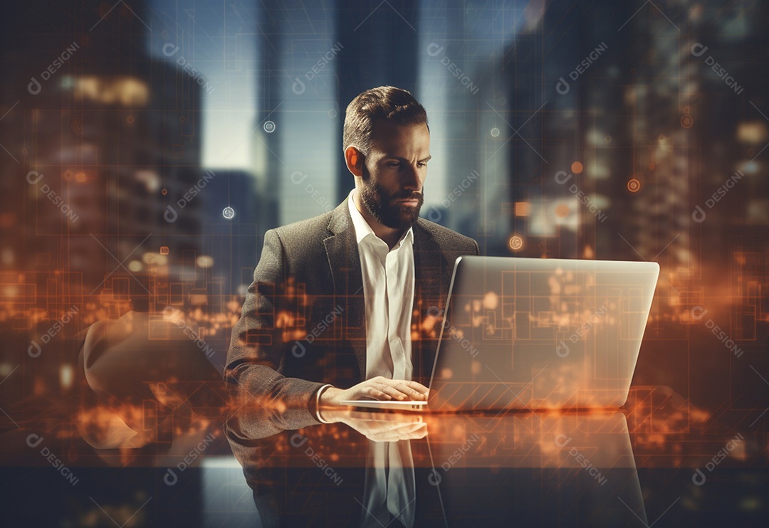 Imagem realista de homem empresário sobre um escritório mexendo em seu computador