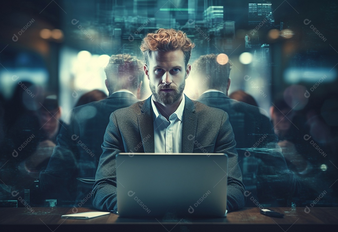 Imagem realista de homem empresário sobre um escritório mexendo em seu computador