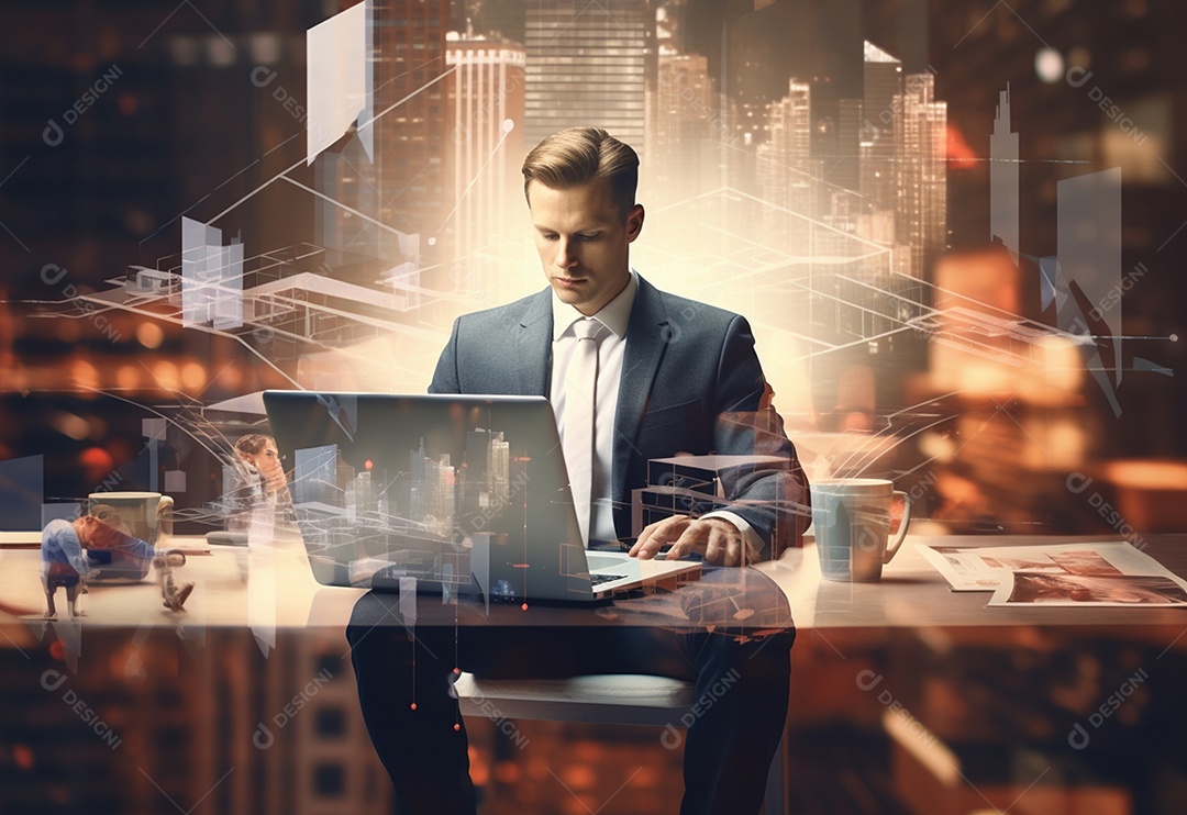 Imagem realista de homem empresário sobre um escritório mexendo em seu computador