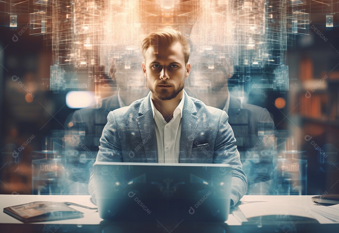 Imagem realista de homem empresário sobre um escritório mexendo em seu computador