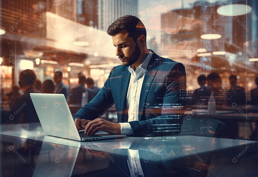 Imagem realista de homem empresário sobre um escritório mexendo em seu computador