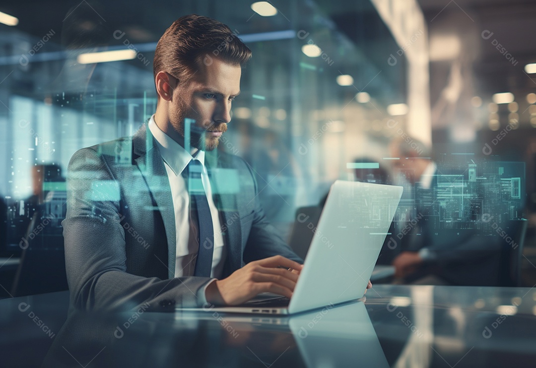 Imagem realista de homem empresário sobre um escritório mexendo em seu computador