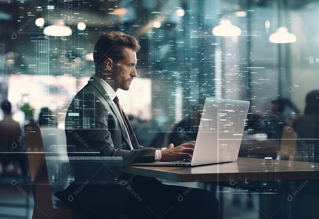 Foto de dupla exposição de um homem de negócios usando laptop