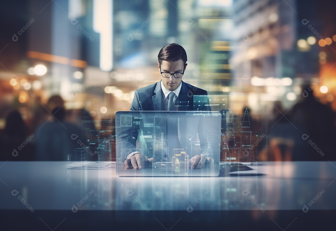 Imagem realista de homem empresário sobre um escritório mexendo em seu computador