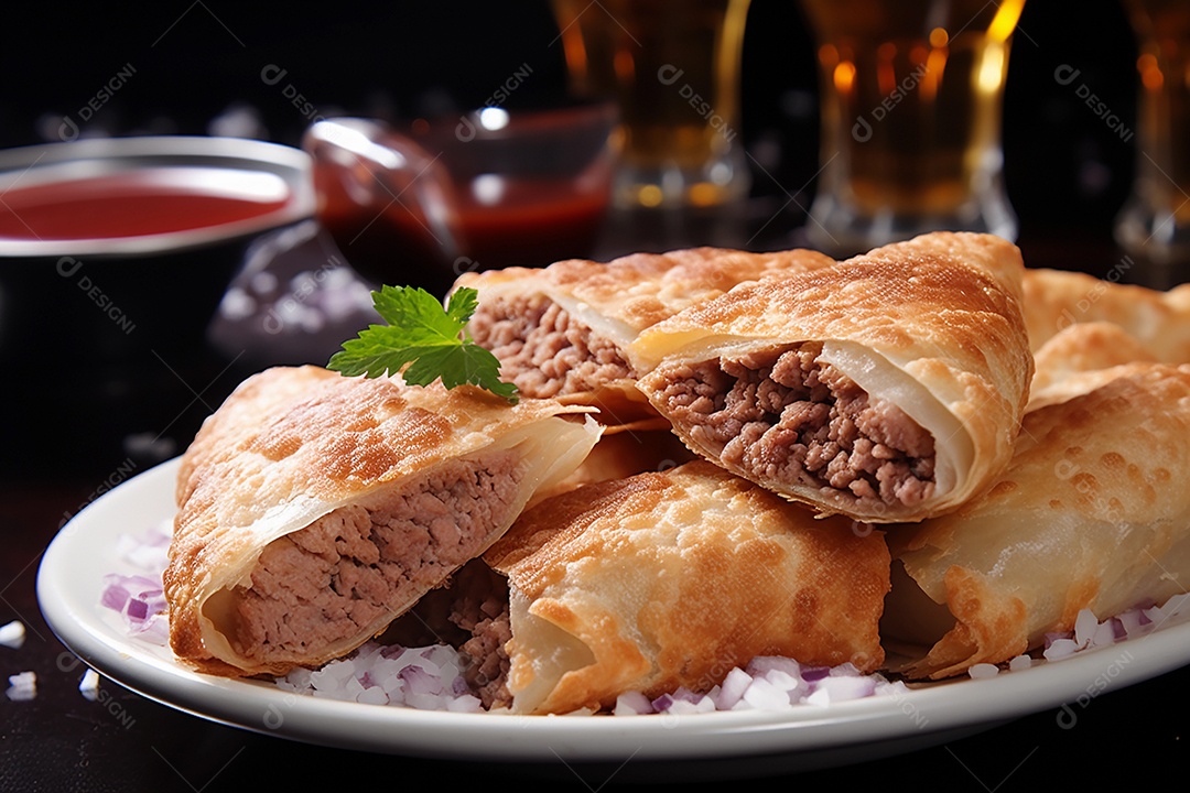 Lanche frito pastel brasileiro recheado com carne e queijo
