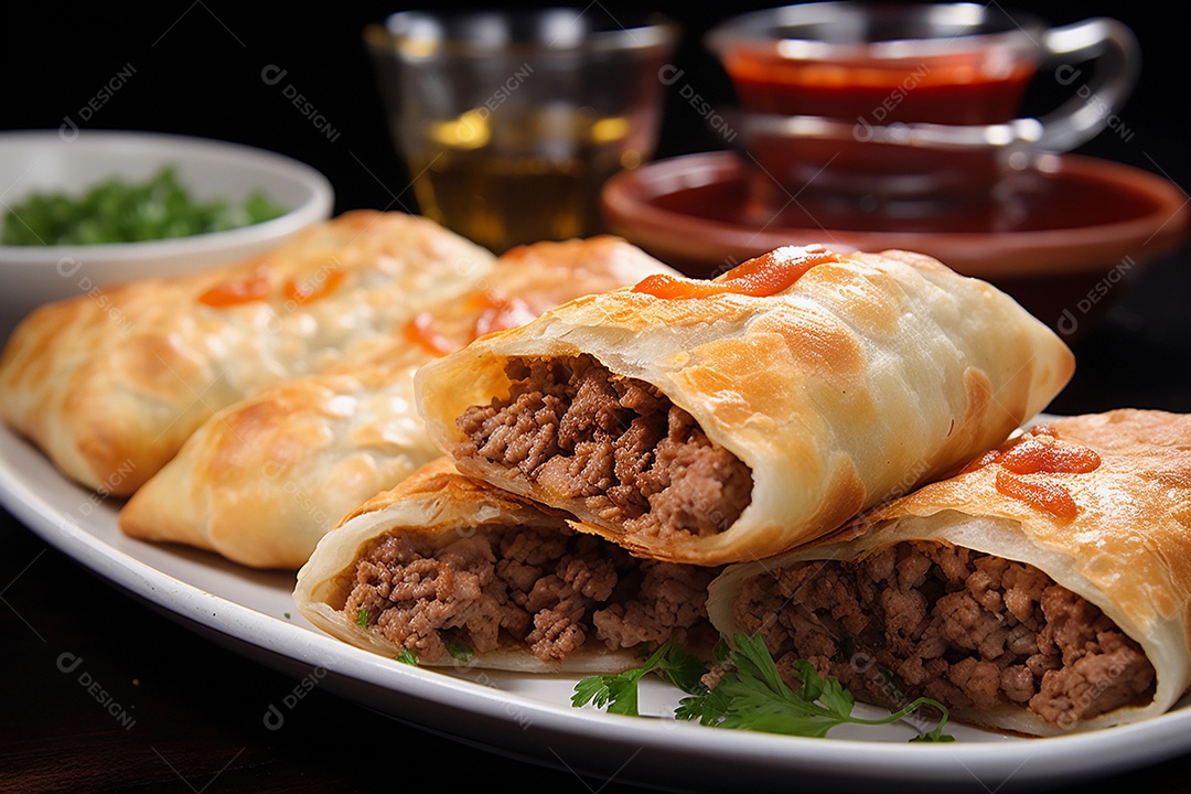 Lanche frito pastel brasileiro recheado com carne e queijo