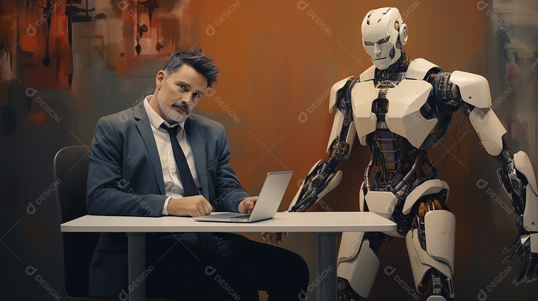 Homem fazendo entrevista de emprego com robô ou inteligência artificial