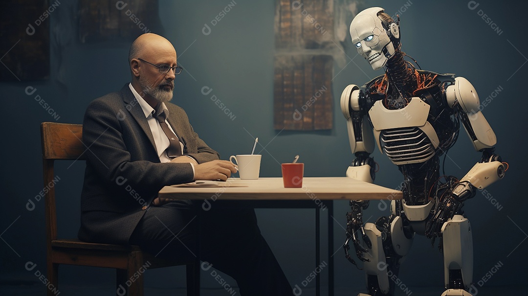 Homem fazendo entrevista de emprego com robô ou inteligência artificial