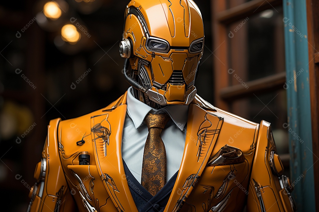 Retrato de robô (inteligência artificial) vestido de terno, pronto para entrevista de emprego