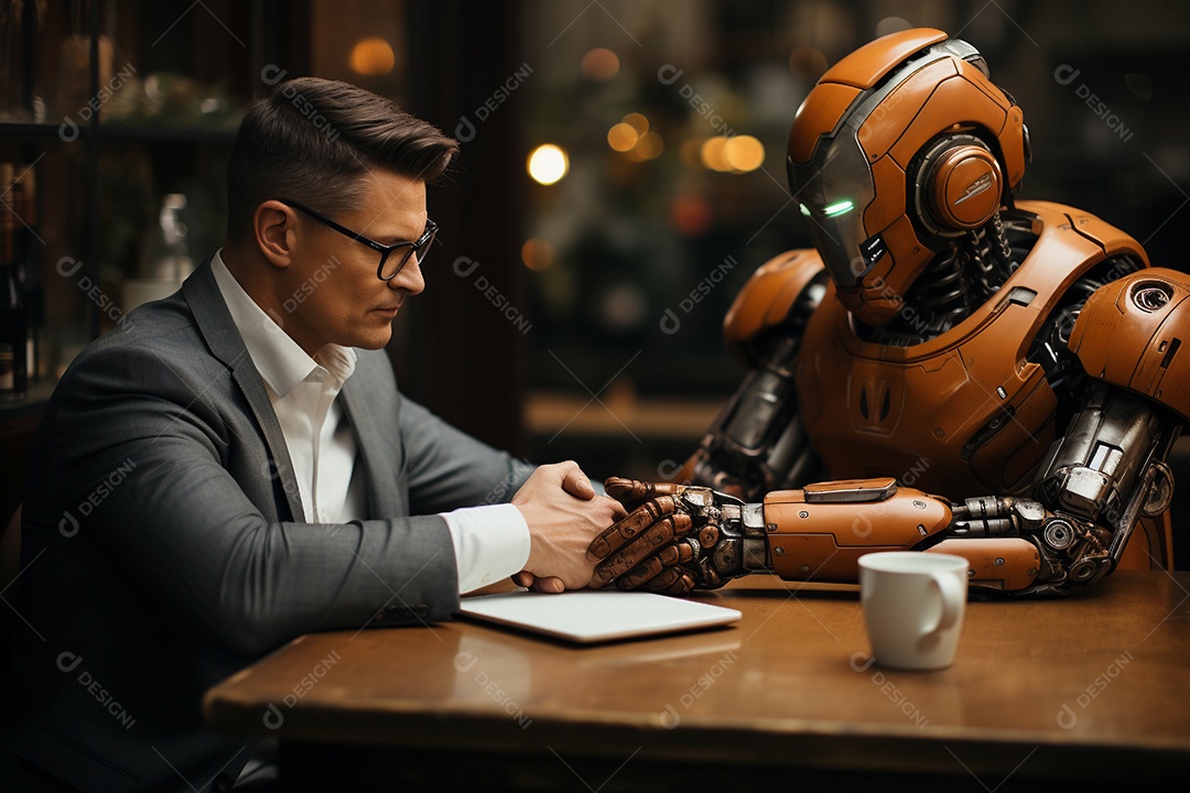 Homem fazendo entrevista de emprego com robô ou inteligência artificial