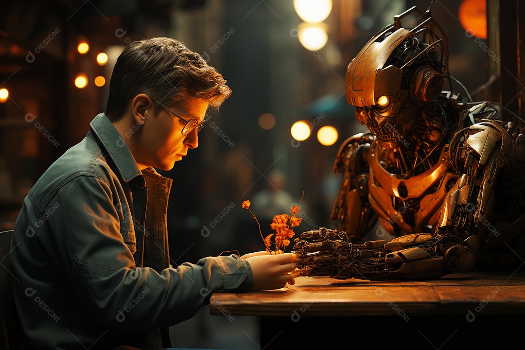 Homem fazendo entrevista de emprego com robô ou inteligência artificial