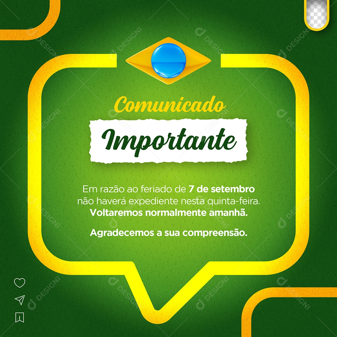 Comunicado Importante Feriado 7 De Setembro Social Media PSD Editável