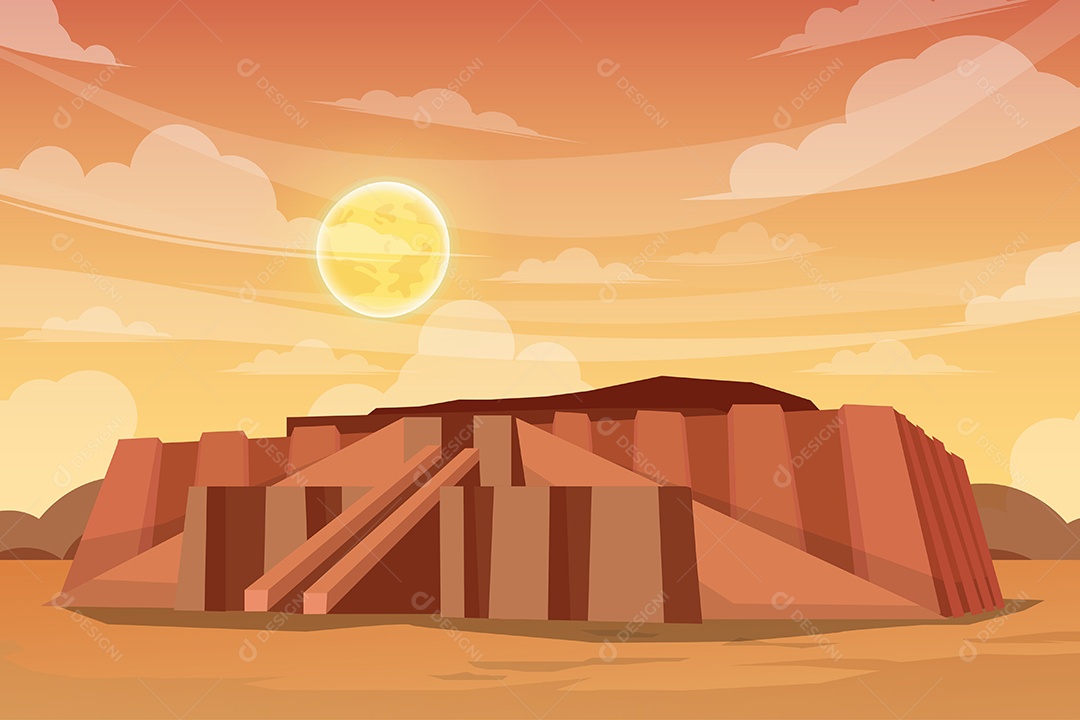 Bela Paisagem Zigurate com Lua Cheia Vetor EPS