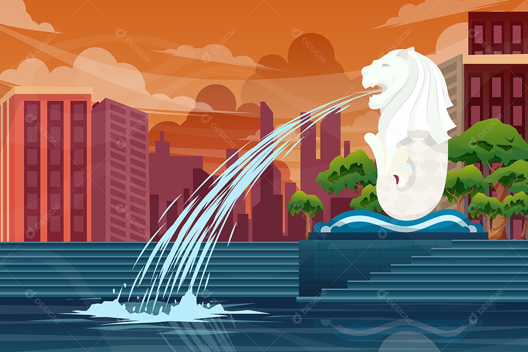 Bela Paisagem com a Fonte Merlion Vetor EPS