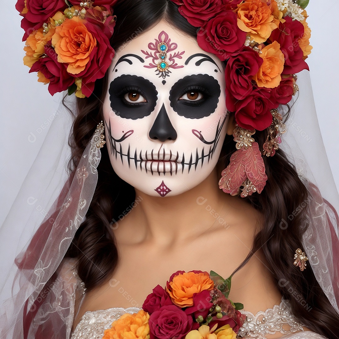 Crânio de pintura de mulher para feriado mexicano tradicional do Dia de Muertos. Imagem conceitual do Dia dos Muertos