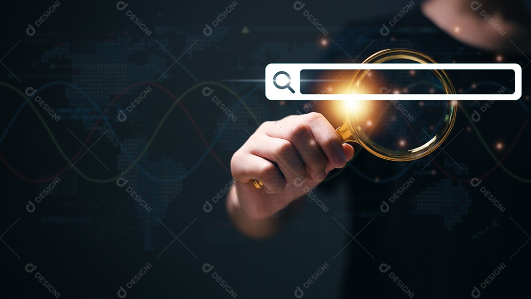 As pessoas usam lupas para pesquisar informações na internet com ícones de caixa de pesquisa e espaço de cópia.