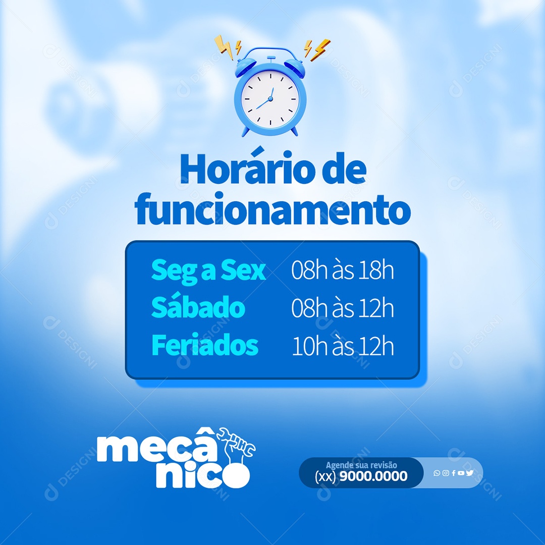 Social Media Horários De Funcionamento Mecânico PSD Editável