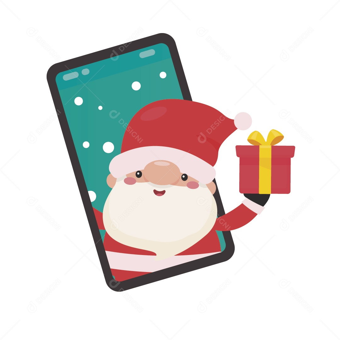 Papai Noel saindo de Celular Segurando Caixa de Presente de Natal Vetor EPS