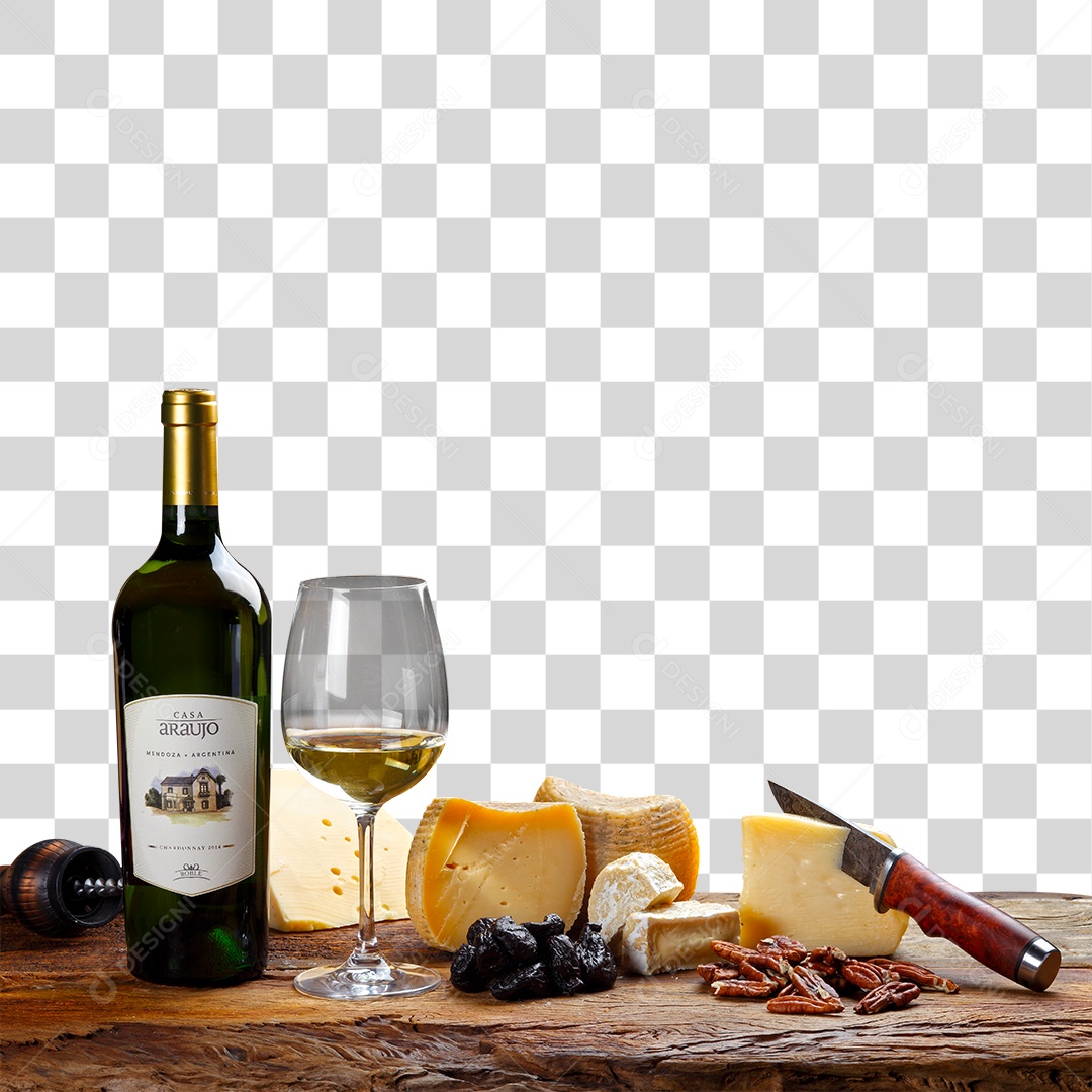 Mesa com Vinho e Taça Queijo e Faca PNG Transparente