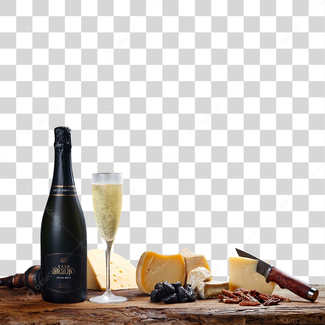 Mesa com Champanhe Queijo e Faca PNG Transparente